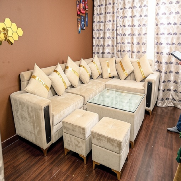 RZ Royal Comfort L Shape Sofa Set with Center Table & Puffies