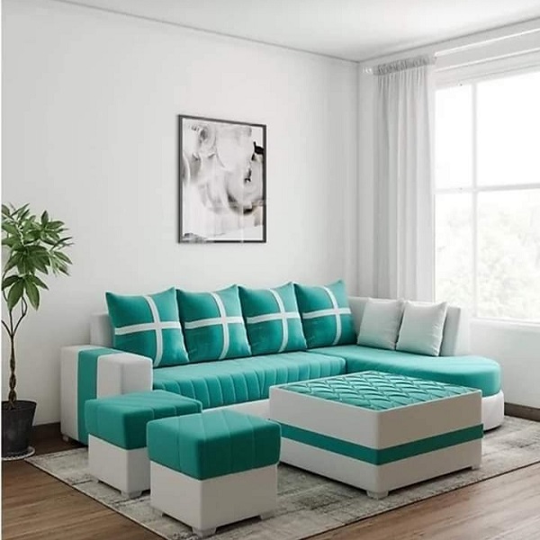 Modern L Shape Sofa Set with Center Table & 2 Puffy Stools