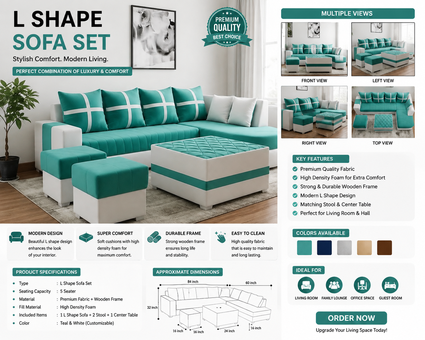 Modern L Shape Sofa Set with Center Table & 2 Puffy Stools