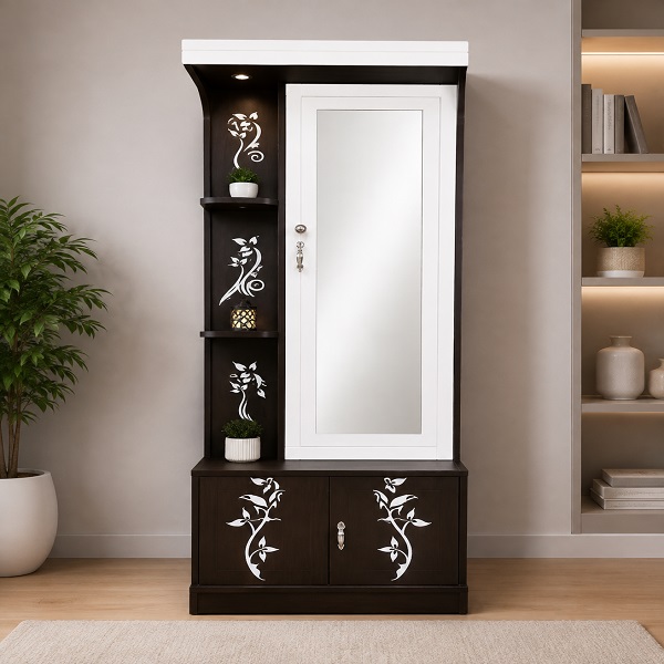 Modern Wooden Dressing Unit with Full-Length Mirror & Side Display Shelves