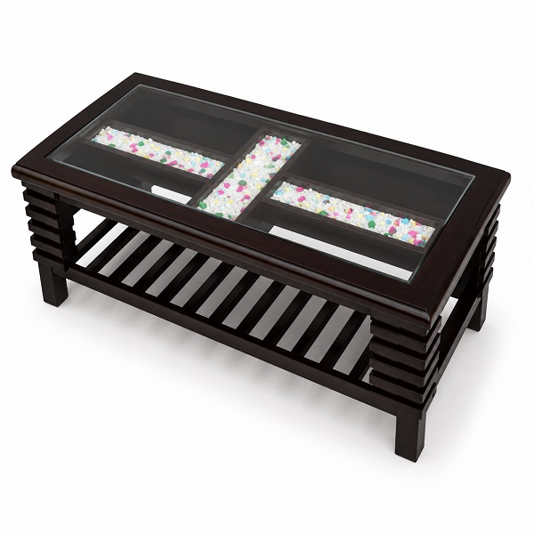 Premium Wooden Glass Top Center Table with Decorative Pebble Design & Magazine Shelf